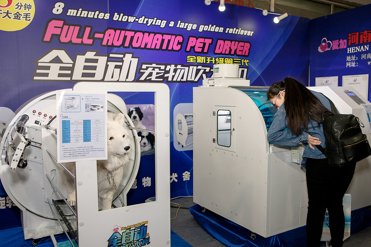 Ruben Lundgren, Beijing, 2017, Visitors to the four-day International Pet Supplies Fair looks closely at a 'full-automatic pet dryer'.