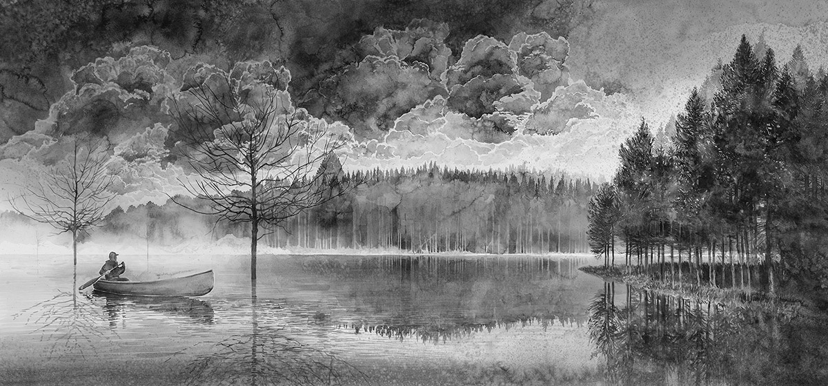 Hans Op de Beeck, Lake, cloudy day, canoe, 2014 (c) Private collection